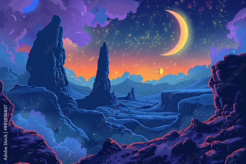 Mystical starry night landscape with blue rocks and canyons under crescent moons Mystical starry night landscape with blue rocks and canyons under crescent moons