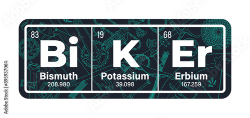 Vector inscription BIKER composed of individual elements of the periodic table and picture bicycle parts. Isolated on white background