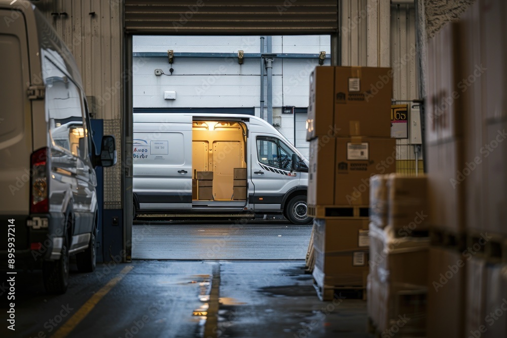 Outside the logistics warehouse, the door was open, and the van was carrying cardboard boxes. Trucks deliver
