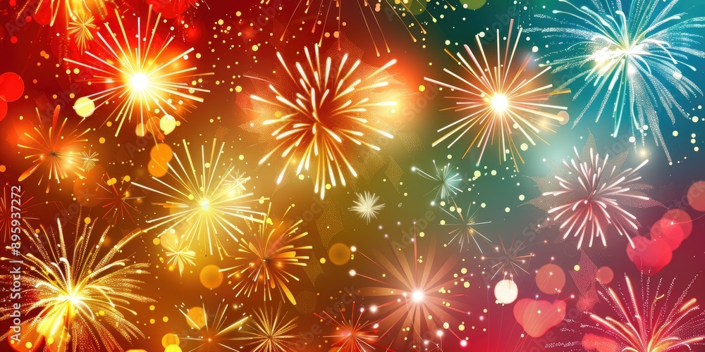 Naklejka premium Colorful fireworks illuminating the night sky above a city skyline, creating a dazzling spectacle of light and color