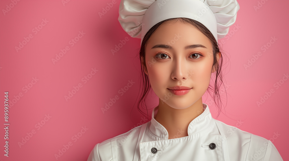 Portrait of a beautiful asian female chef on a pink background Portrait of a beautiful asian female chef on a pink background