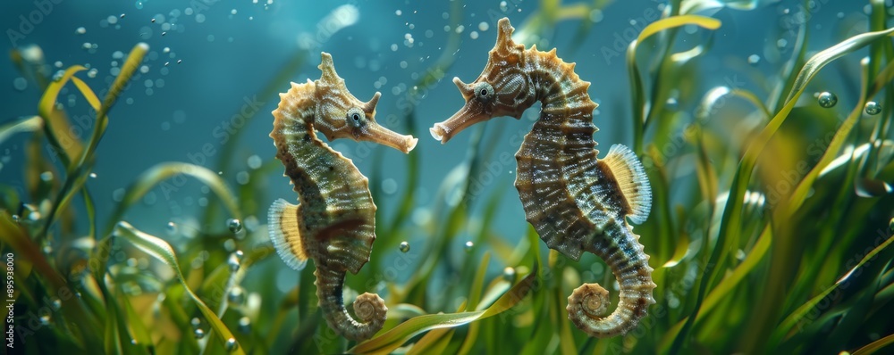 Fototapeta premium Elegant seahorses dancing in the seagrass, 4K hyperrealistic photo