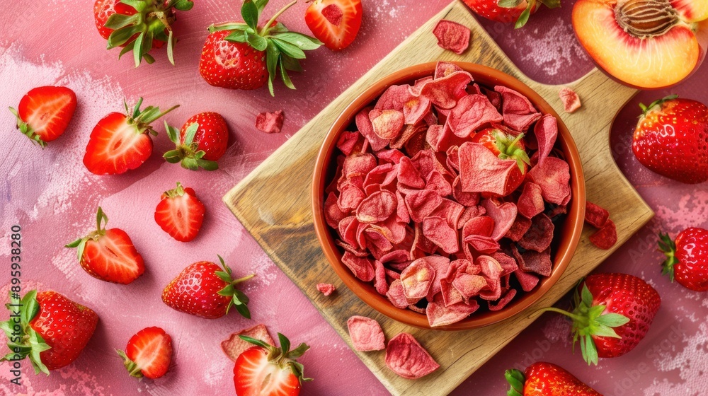 Dried Strawberry Chips in a Bowl with Fresh Strawberries Dried Strawberry Chips in a Bowl with Fresh Strawberries