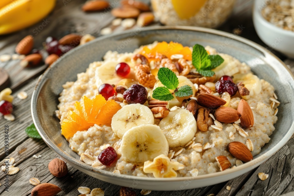 plate of warm oatmeal with toppings, including nuts and fruits isolated pastel wooden table copy space plate of warm oatmeal with toppings, including nuts and fruits isolated pastel wooden table copy space