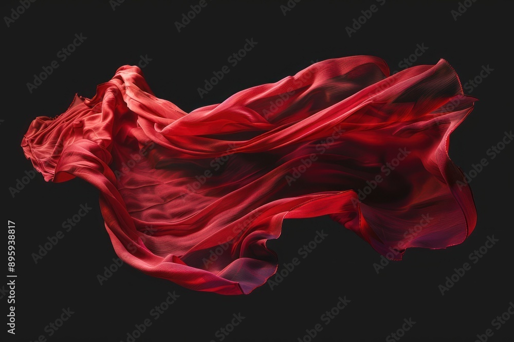 Red drape falling like wings isolated on flat black background. Beautiful red fabric with pleats floats in air Red drape falling like wings isolated on flat black background. Beautiful red fabric with pleats floats in air