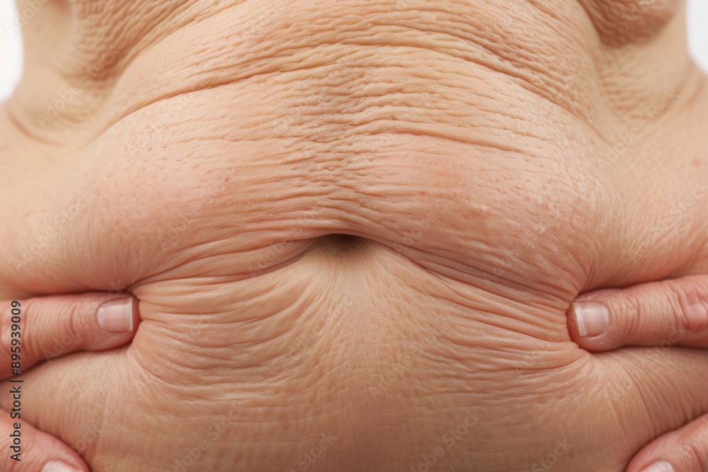 Sagging abdominal skin after weight loss. Close-up of abdomen with Fat folds, banner for plastic surgery clinic Sagging abdominal skin after weight loss. Close-up of abdomen with Fat folds, banner for plastic surgery clinic