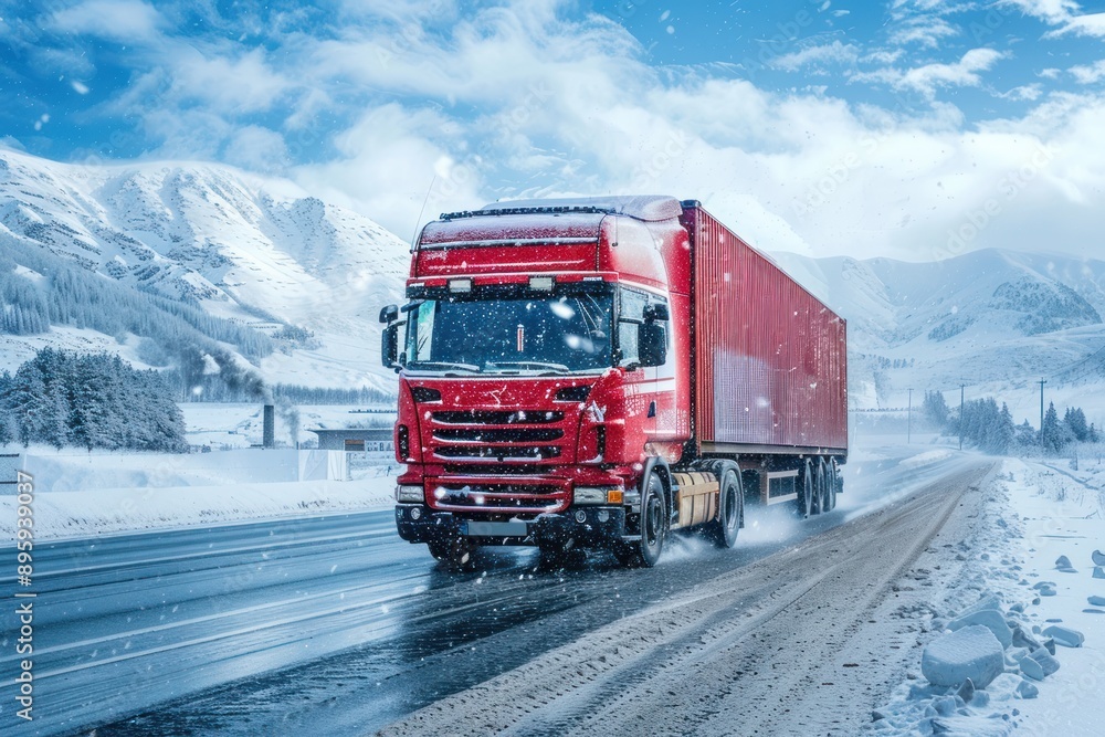 semi-truck or Container cargo truck is driving through the snow semi-truck or Container cargo truck is driving through the snow