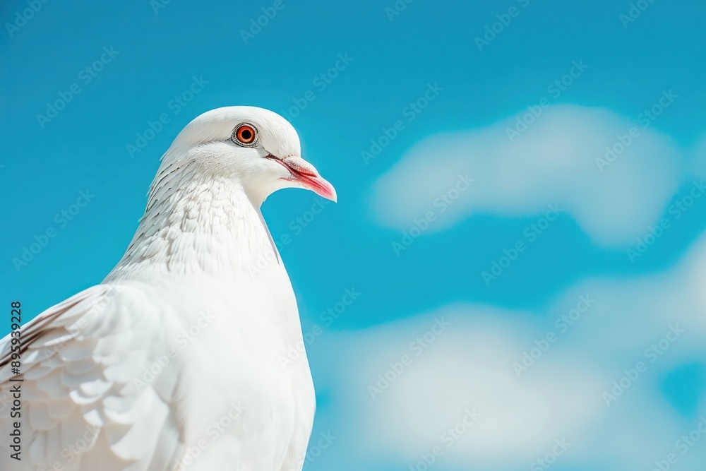 Serene White Dove Against Blue Sky background with copy space. Close-up of a peaceful white dove, symbol of peace Serene White Dove Against Blue Sky background with copy space. Close-up of a peaceful white dove, symbol of peace