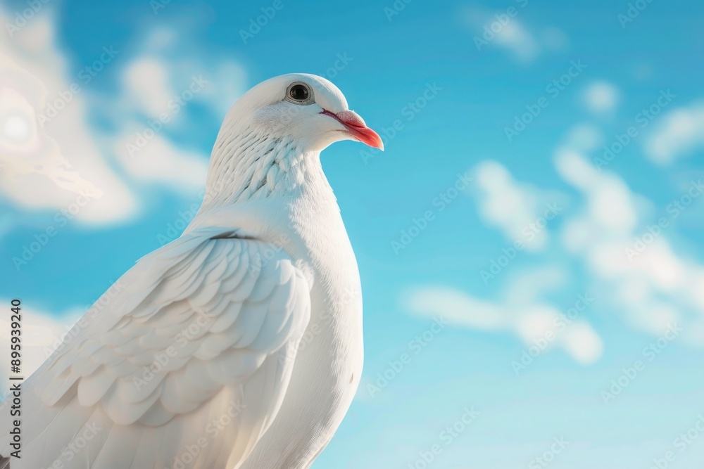 Serene White Dove Against Blue Sky background with copy space. Close-up of a peaceful white dove, symbol of peace Serene White Dove Against Blue Sky background with copy space. Close-up of a peaceful white dove, symbol of peace
