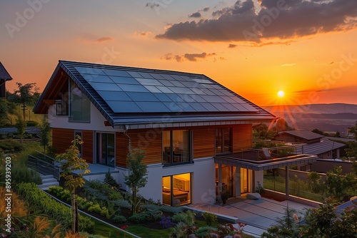 Panel solar energy on a beautiful home roof sun for eco house at sunset © kenkuza