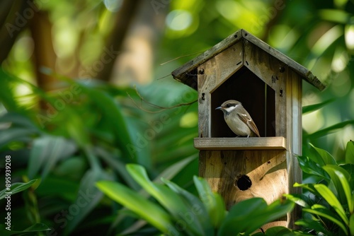 Serene Bird at wooden Birdhouse Entrance. A bird perches calmly at the entrance of a wooden birdhouse © Anna