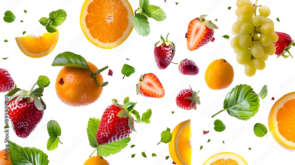Fresh oranges, strawberries, and green leaves on a white background, presenting a vibrant and healthy fruit mix. Fresh oranges, strawberries, and green leaves on a white background, presenting a vibrant and healthy fruit mix.