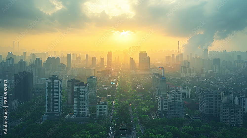 Fototapeta premium A city skyline with a large sun in the sky