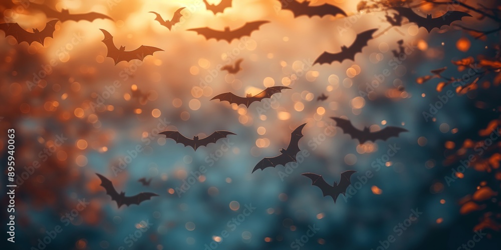 Halloween background featuring bat silhouettes against a dynamic, colorful backdrop with bokeh effects and a minimalist design Halloween background featuring bat silhouettes against a dynamic, colorful backdrop with bokeh effects and a minimalist design