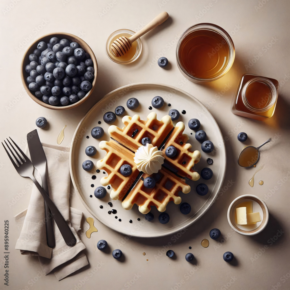 Belgian waffle topped with blueberries, whipped cream, honey and powdered sugar Belgian waffle topped with blueberries, whipped cream, honey and powdered sugar