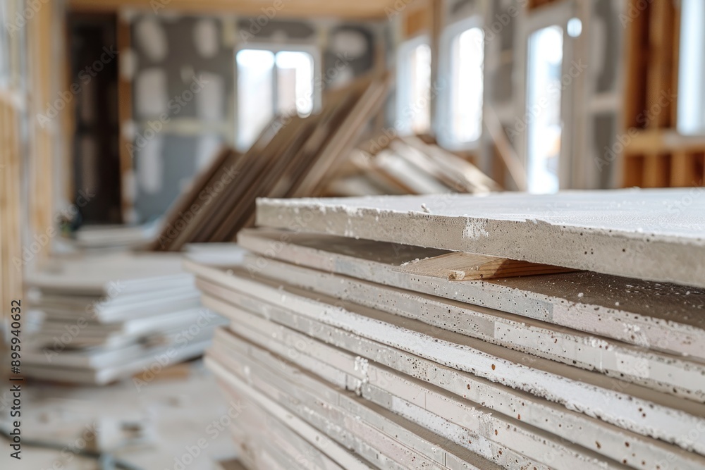 stack of gypsum boards in a home renovation site stack of gypsum boards in a home renovation site