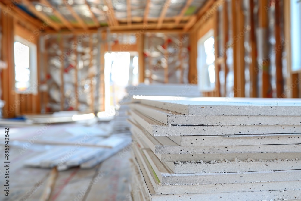stack of gypsum boards in a home renovation site stack of gypsum boards in a home renovation site