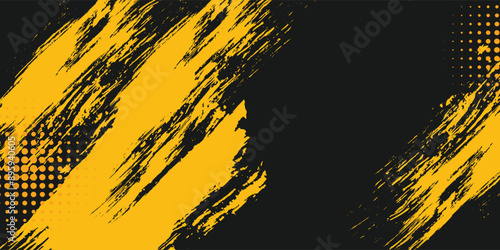 Black and yellow abstract background with brushstroke and halftone style.