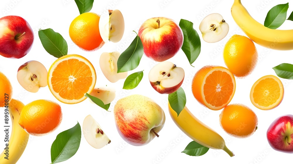 Fresh peaches, apples, and oranges with green leaves on a white background, presenting a colorful and healthy fruit mix. Fresh peaches, apples, and oranges with green leaves on a white background, presenting a colorful and healthy fruit mix.