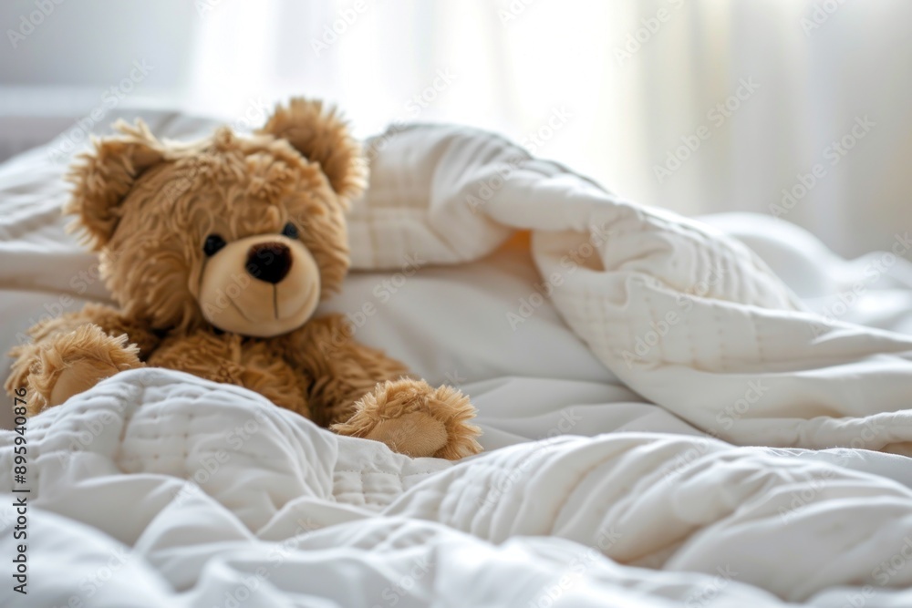 Teddy bear laying in white bed and feeling sick Teddy bear laying in white bed and feeling sick