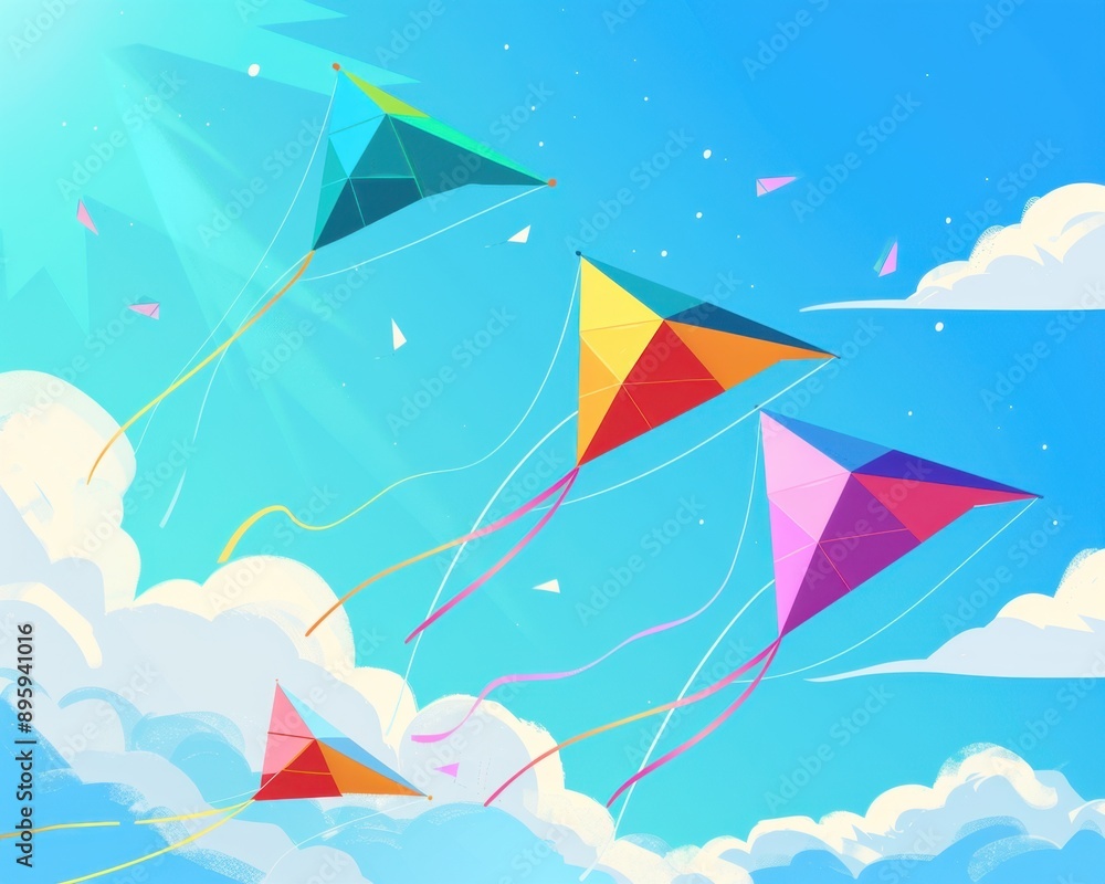 Kite flying, colorful kites in the sky, flat design illustration Kite flying, colorful kites in the sky, flat design illustration
