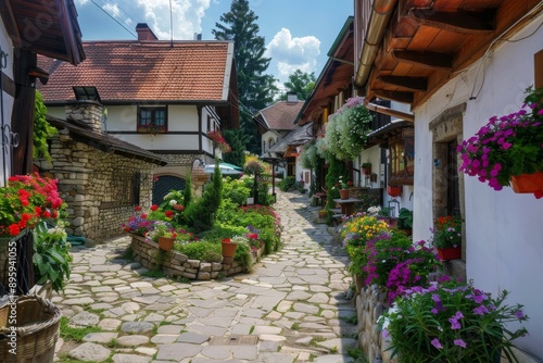 Cobblestone Street in a Quaint European Village.