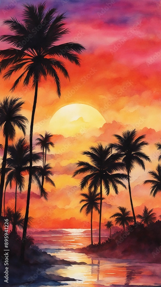 Watercolor palm Trees Silhouetted, Silhouettes of palm trees against a colorful sunset sky Watercolor palm Trees Silhouetted, Silhouettes of palm trees against a colorful sunset sky