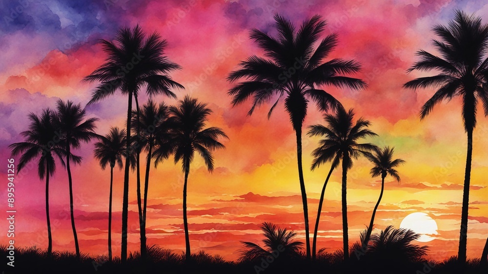 Watercolor palm Trees Silhouetted, Silhouettes of palm trees against a colorful sunset sky Watercolor palm Trees Silhouetted, Silhouettes of palm trees against a colorful sunset sky