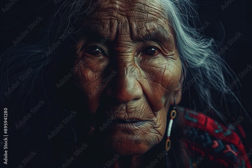 The portrait is of an old native american female on a dark background, using generative artificial intelligence The portrait is of an old native american female on a dark background, using generative artificial intelligence