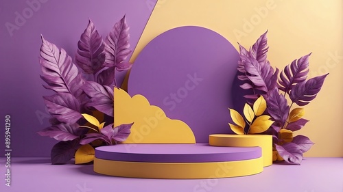 3D Podium for displaying products with purple leaves on a yellow background