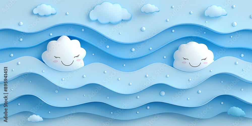 An abstract background featuring smiling clouds and wavy blue textures, creating a calming and modern design An abstract background featuring smiling clouds and wavy blue textures, creating a calming and modern design
