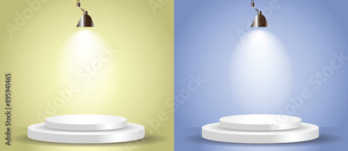 Vector spot lightened stage background. White lamp glow for display product, banner and show. flash sale background