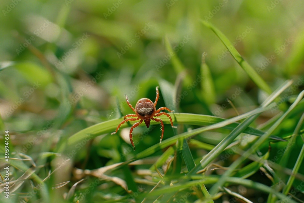 Tick in the park on the grass. Selective focus