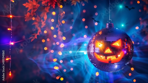 halloween disco ball with pumpkin face in dark blue background with colorful lights, pumpkin disco ball at Halloween party, jack o lantern with shiny blue rays in smoke And Defocused Abstract Lights photo