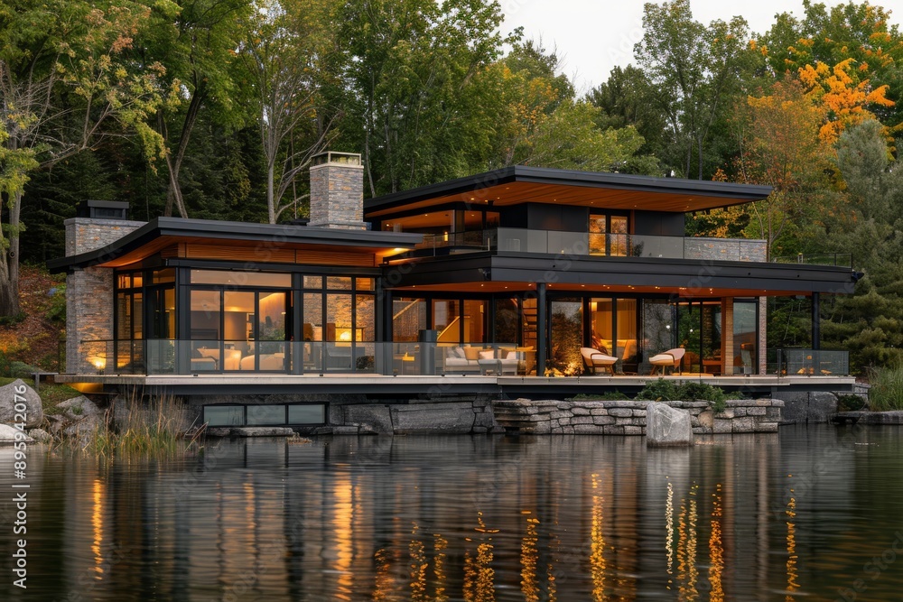 Modern home on a lake with a stone wall and a reflection in the water. Modern home on a lake with a stone wall and a reflection in the water.
