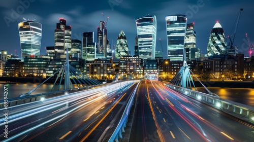 city ​​at night with tall buildings on a road with cars with sweeping effect