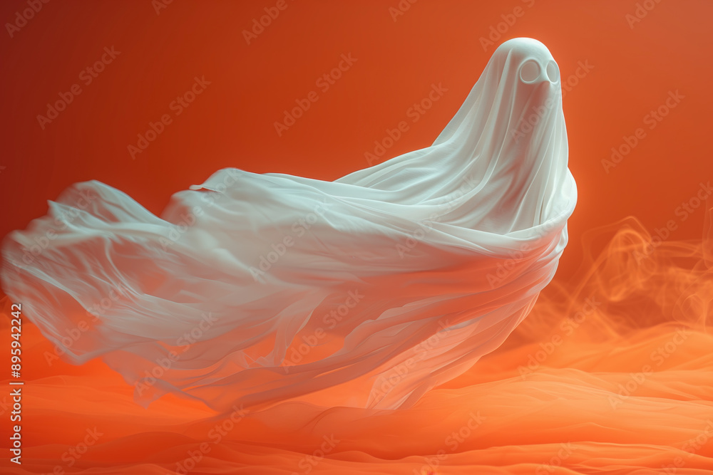 sheet ghost floating in the air on orange background for Halloween, studio shot sheet ghost floating in the air on orange background for Halloween, studio shot