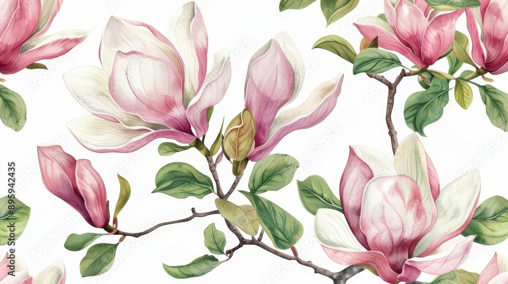 Vibrant Magnolia Flower Bloom Branch with Green Leaves Vibrant Magnolia Flower Bloom Branch with Green Leaves