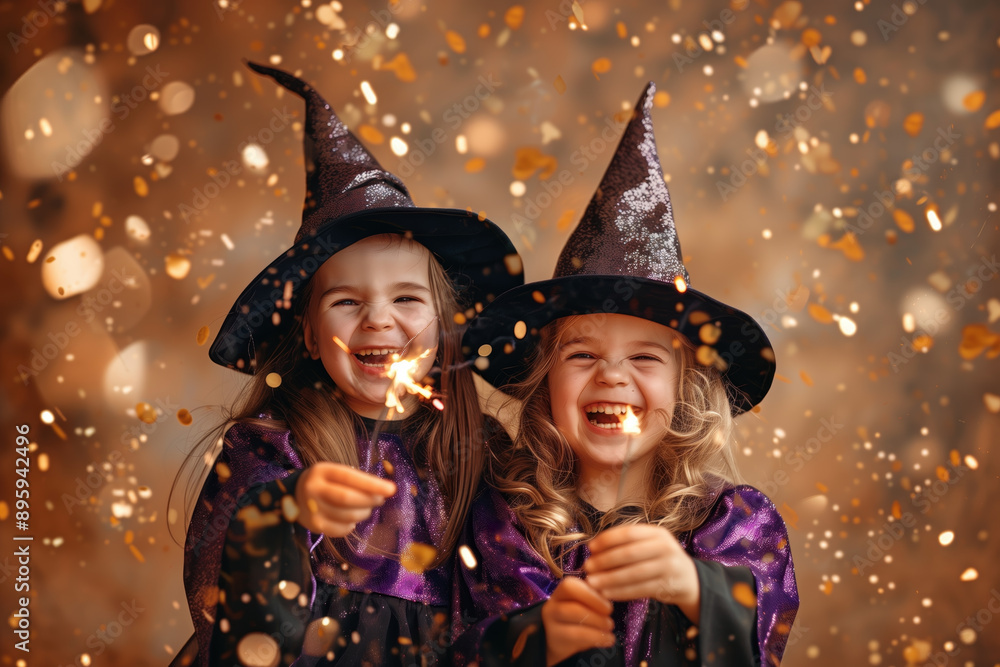 cute little girl witches in purple and black robes, brightly lit sparklers in their hands, laughing with big smiles on their faces against the background of orange confetti flying around them cute little girl witches in purple and black robes, brightly lit sparklers in their hands, laughing with big smiles on their faces against the background of orange confetti flying around them