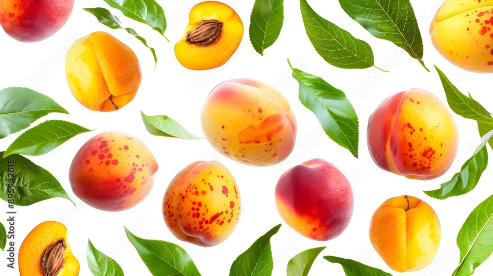 Various peaches and green leaves on a white background, showcasing a fresh and vibrant fruit composition. Various peaches and green leaves on a white background, showcasing a fresh and vibrant fruit composition.