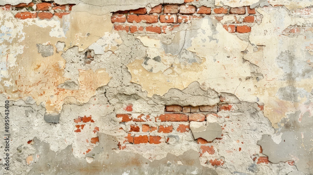 Obraz premium A detailed view of a cracked and crumbling plaster wall, exposing underlying brick and adding character.