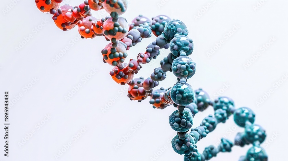 A detailed view of a DNA double helix model against a white background. A detailed view of a DNA double helix model against a white background.