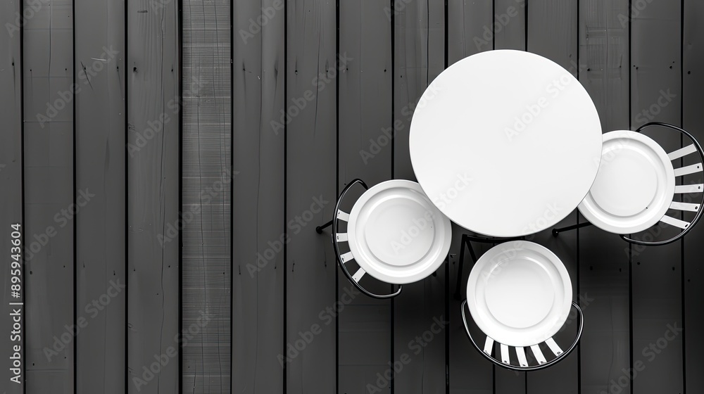 An empty table with four chairs sits on a wooden deck