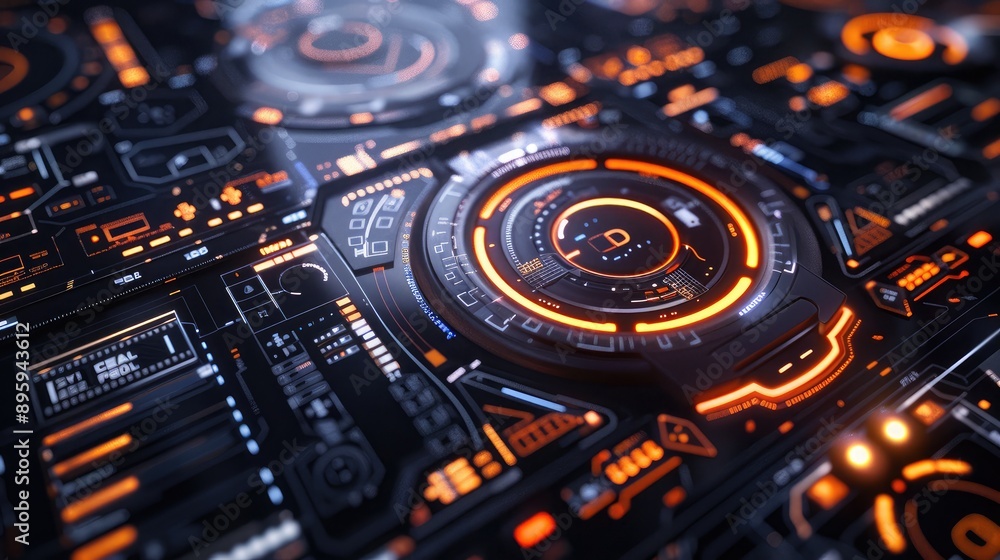 A detailed view of a futuristic digital interface with various controls and data. A detailed view of a futuristic digital interface with various controls and data.