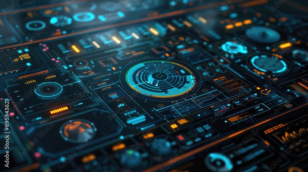 A detailed view of a futuristic digital interface with various controls and data. A detailed view of a futuristic digital interface with various controls and data.