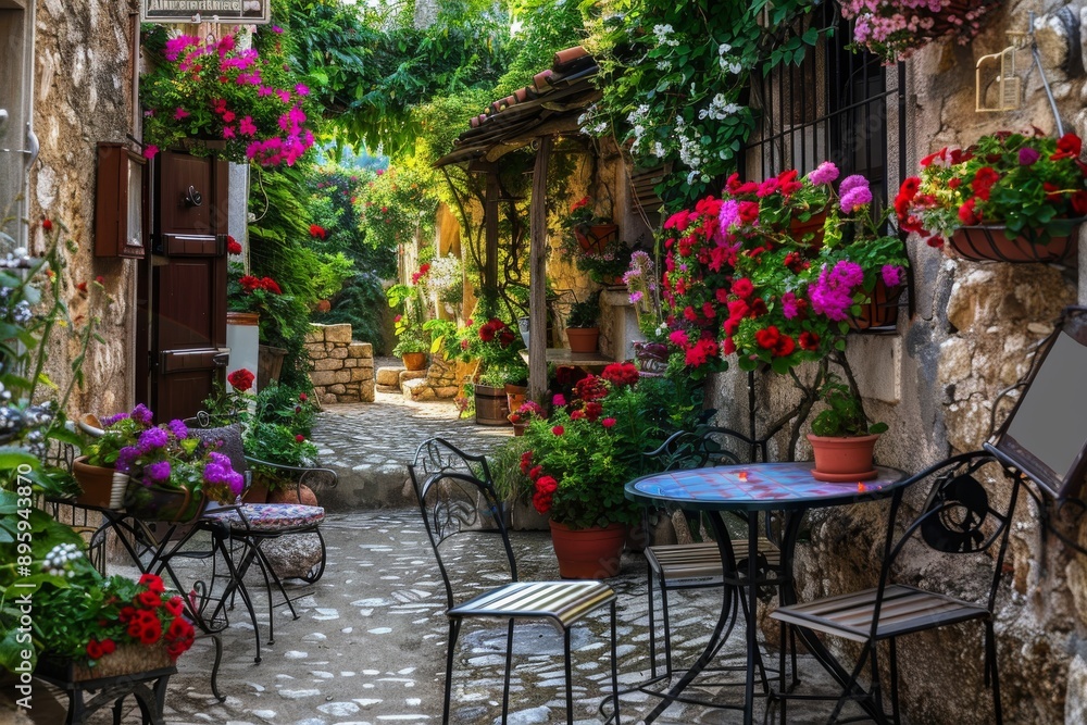 Naklejka premium Cobblestone alleyway with colorful flowers and patio furniture.