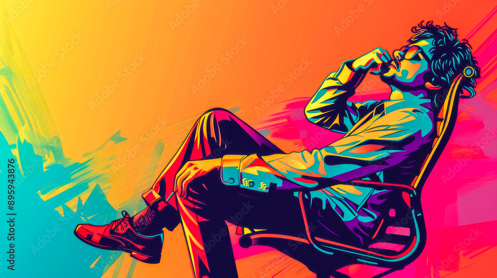 Fototapeta premium Creative man relaxing in chair with colorful background