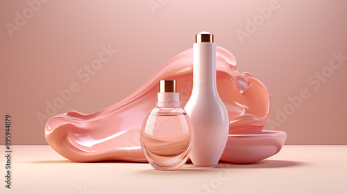 A bottle of pink nail polish and perfume next to a pink rose arranged in a spa setting