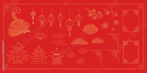 A red background with a lot of Chinese symbols and designs. The symbols include a dragon, a lotus flower, and a temple. Scene is one of celebration and cultural significance