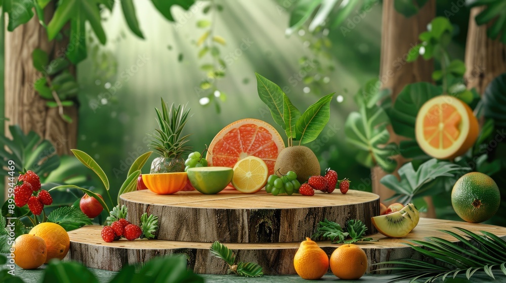 Green nature podium with fruit and wooden elements, ideal for outdoor product displays and farm-themed presentations Green nature podium with fruit and wooden elements, ideal for outdoor product displays and farm-themed presentations